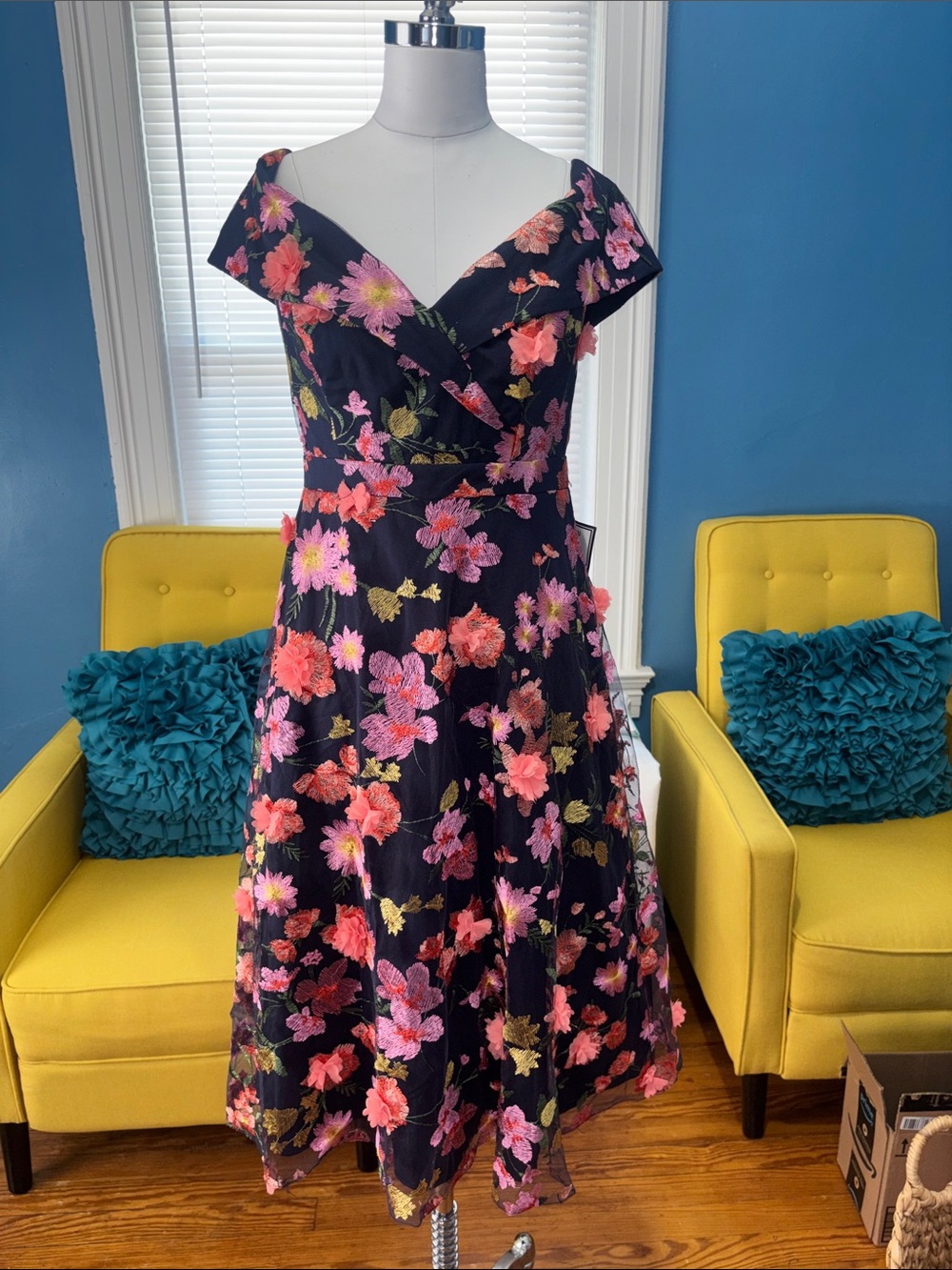 Off-Shoulder Floral Midi Dress in Blue with Pink & Coral Blooms